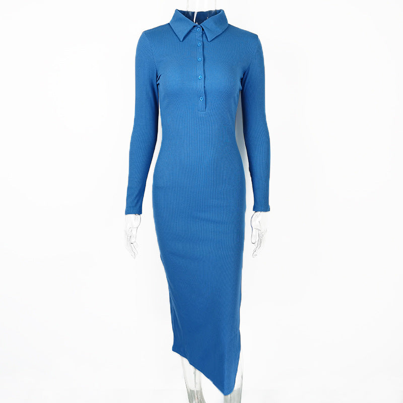 Autumn Winter Women Clothing Sexy Slit Slim Rib Button Long Sleeve Dress