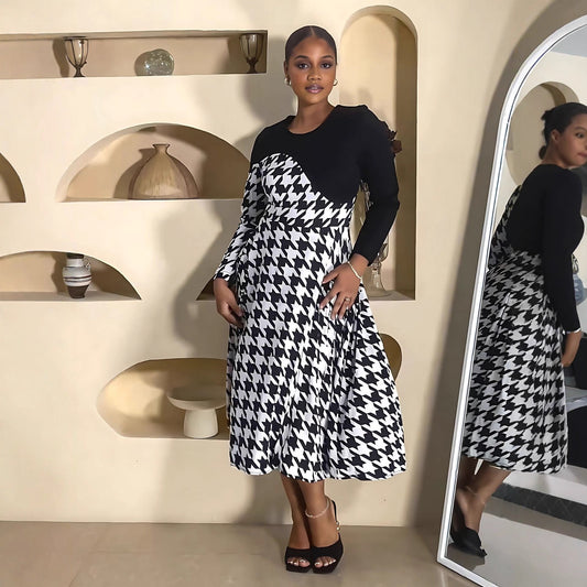 Stitching Houndstooth Spring Autumn All Match Long Sleeve Women Dress