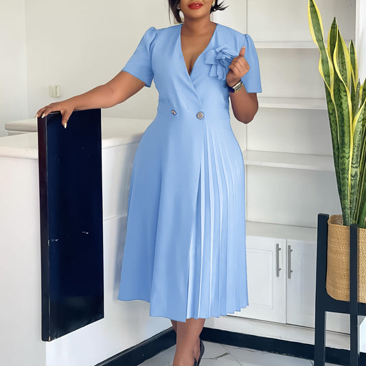 Women Clothing Summer V neck Short Sleeve Solid Color Three Dimensional Floral Pleated African Dress