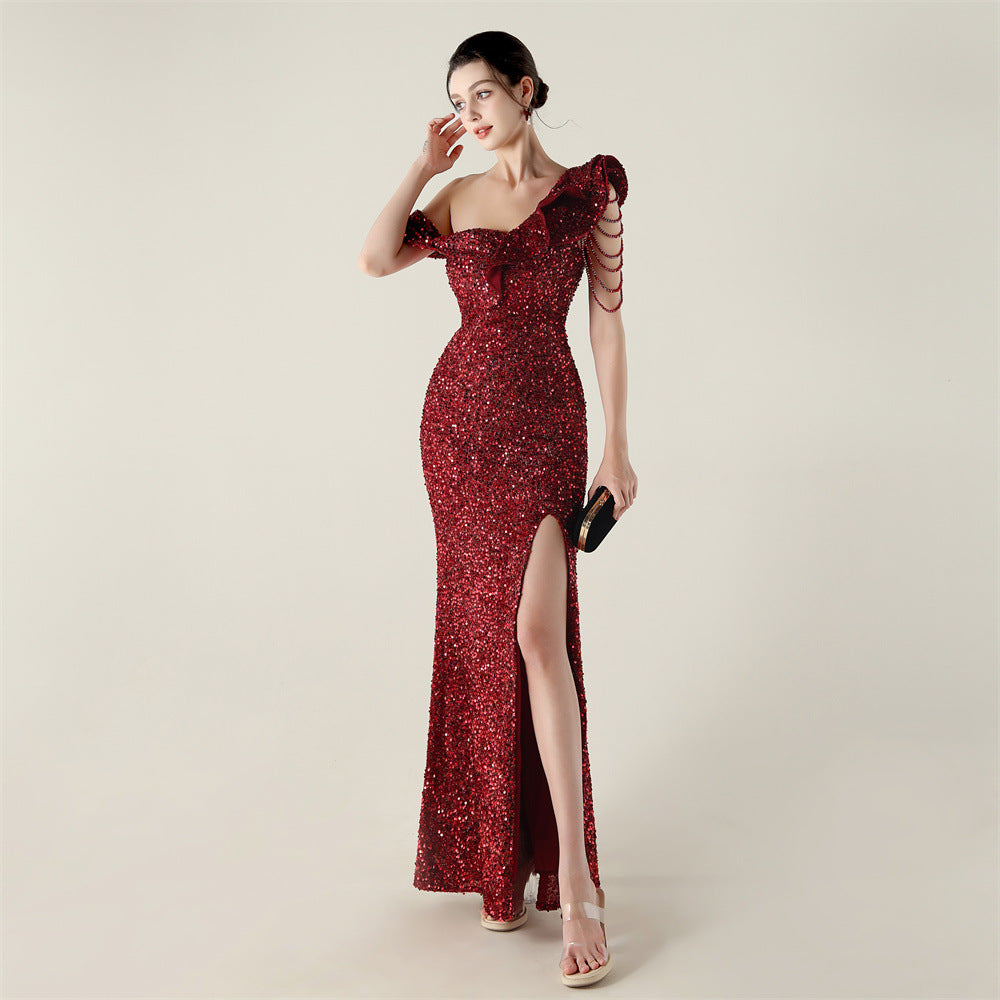 One Shoulder Pleated Ruffled Embellished Beaded Chain Sequined Evening Dress Cocktail Wedding Red Carpet