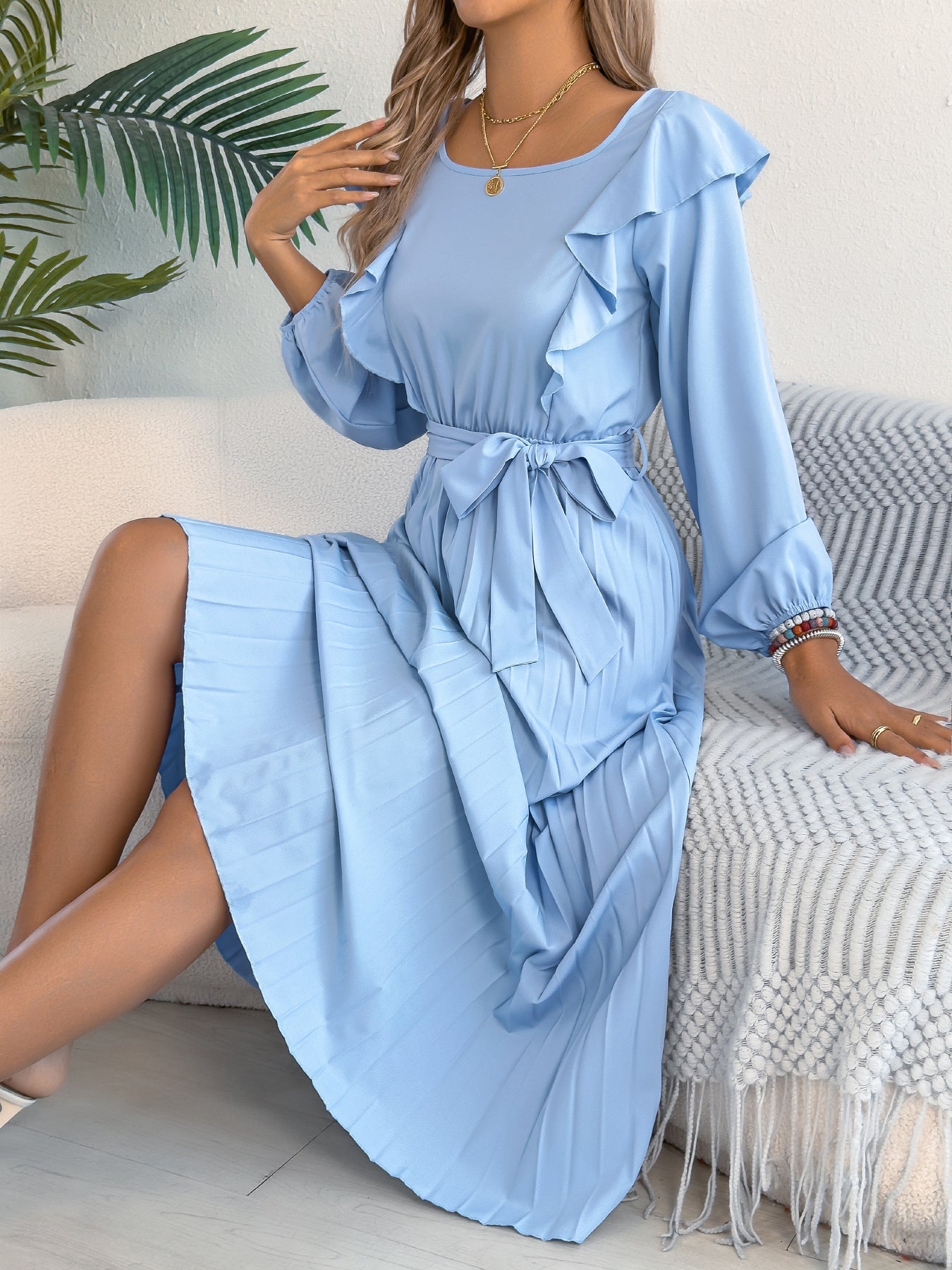 Women Clothing Spring Summer Elegant Ruffled Square Collar Long Sleeve Cinched Pleated Dress