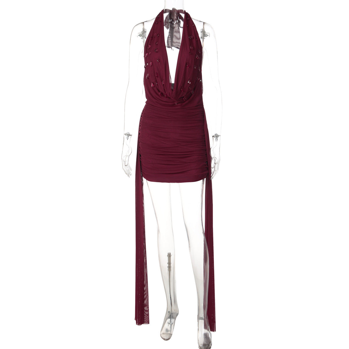 Winter Arrival Stylish Water Drop Decorative Ribbon Sexy V neck Halter Backless Sheath Dress