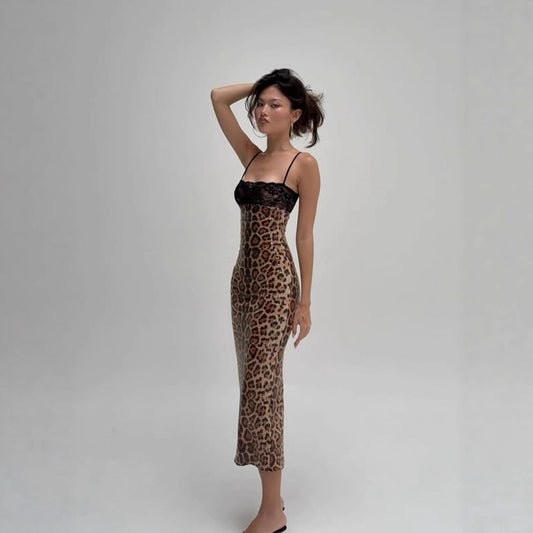 Lace Stitching Tube Top Sling Leopard Sequined Party Dress Maxi Dress