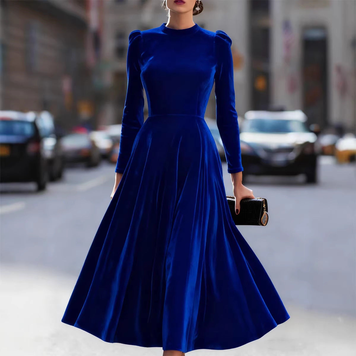 Women Clothing Spring Summer round Neck Korean Velvet Elegant Long Sleeved Dress