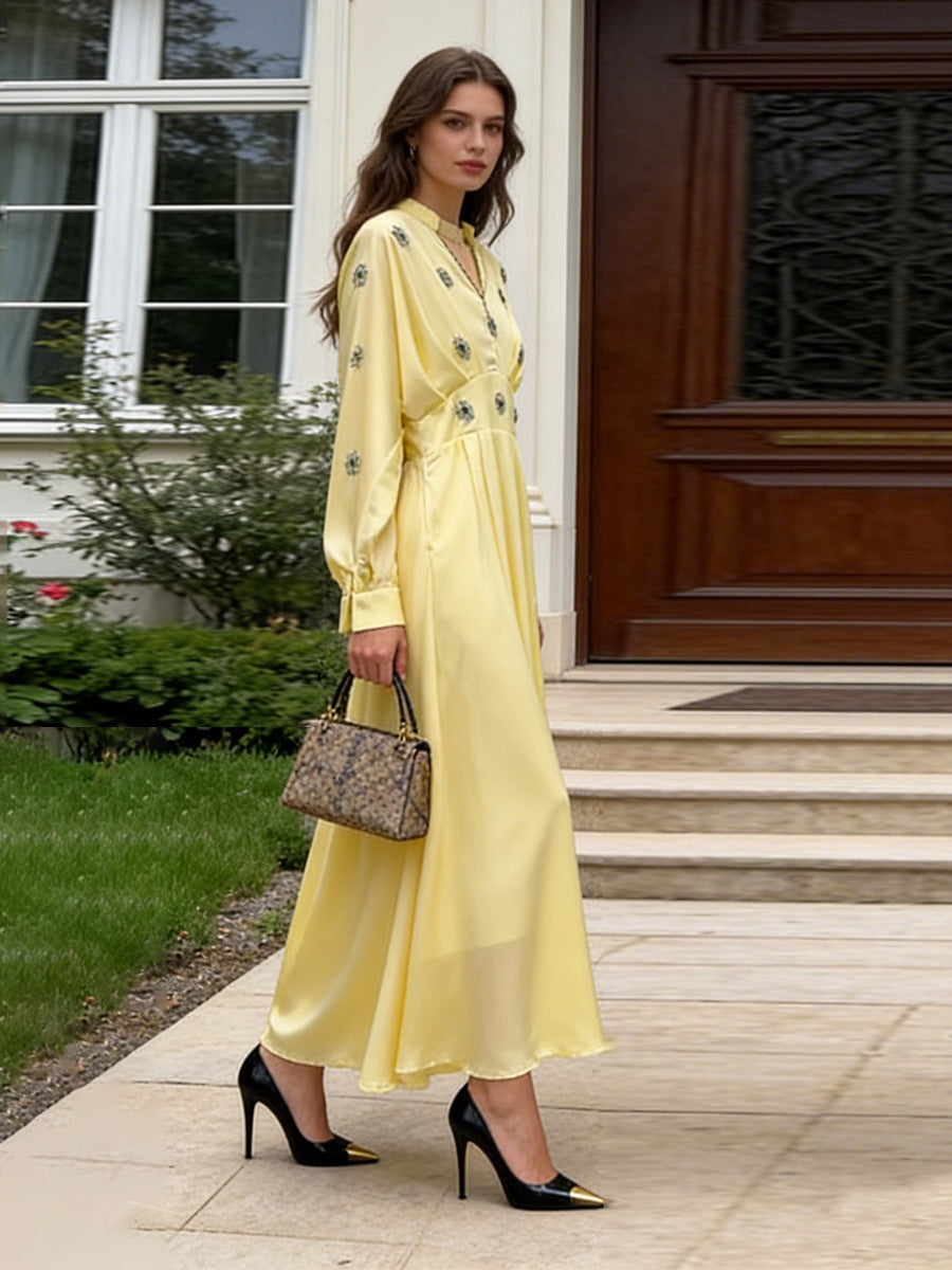 Spring Elegant Retro Diamond V neck Long Sleeve Dress Waist Slimming Dress for Women