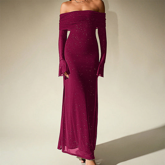 Mesh Silver Square Dress Sexy off Shoulder Flared Long Sleeve Dress Maxi Dress