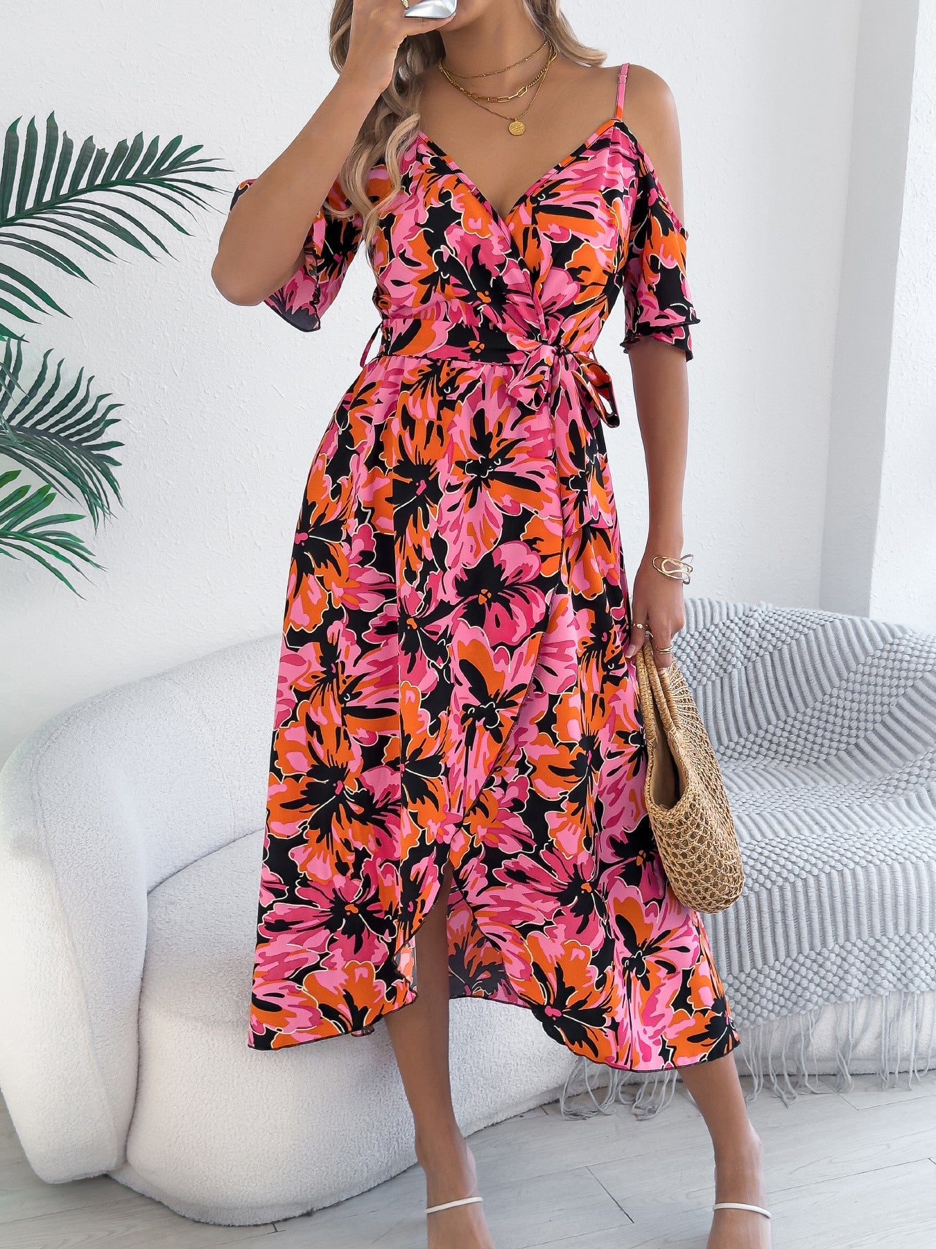 Spring Summer Strapless Cross V neck Floral Strap Dress Holiday Dress Women Clothing