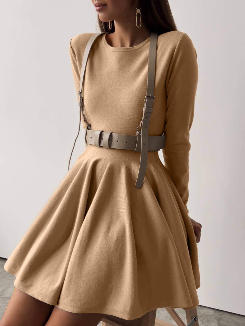 Round Neck Waist Trimming Knitted Dress Women All Match Advanced Pleated Woolen