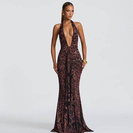 Women Clothing Sexy Deep V Plunge Halter Backless Slim Fit Pleated Dress