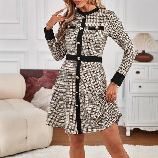 Women Clothing Classic Slim Fit Autumn Winter Knitting Houndstooth Breasted Long Sleeve Dress First Love