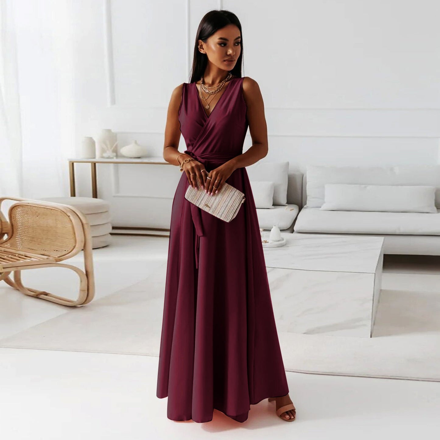 Women Clothing Tied V Neck Evening Party Maxi Dress Women