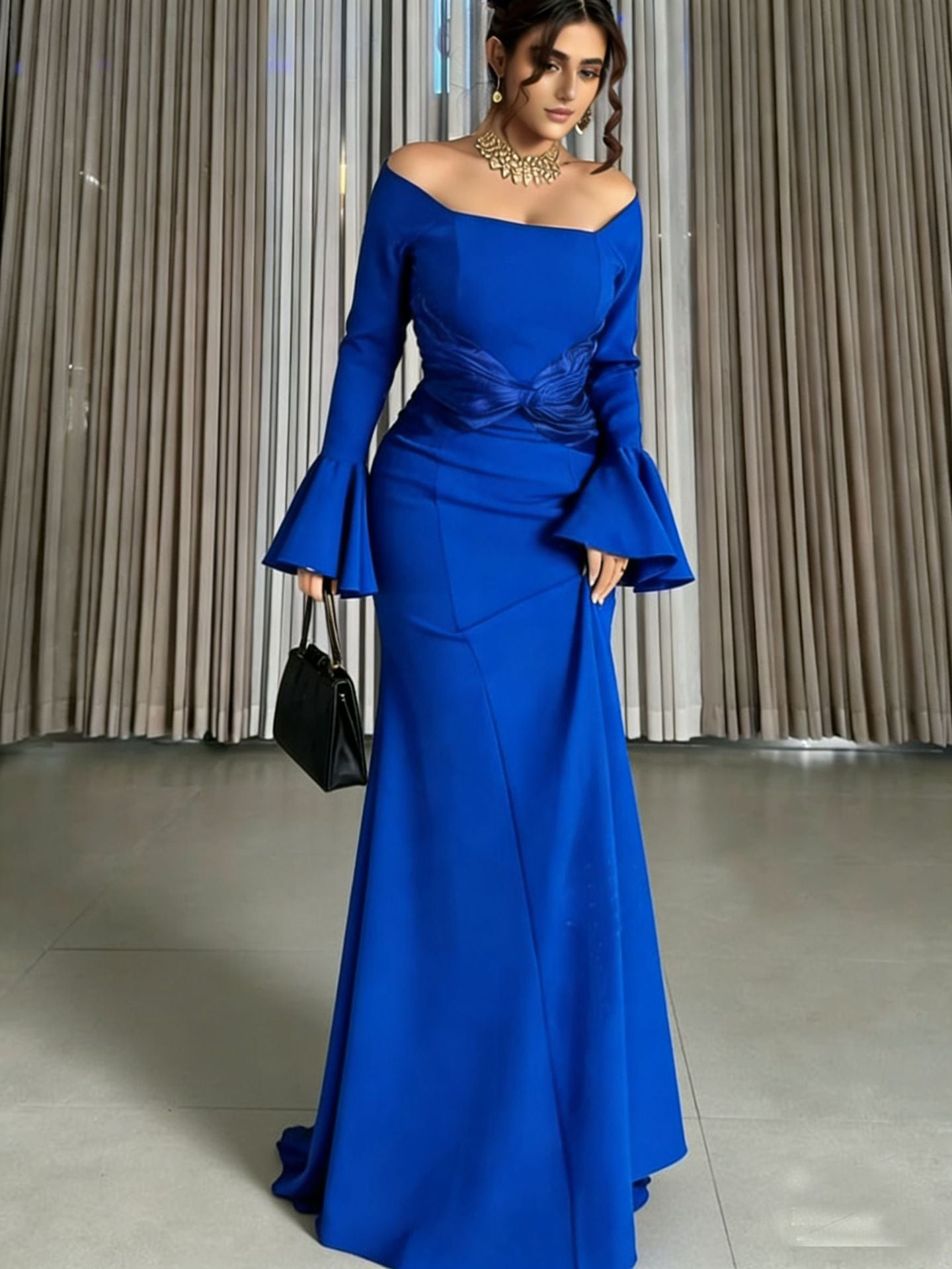 Women Clothes Long Sleeve off Shoulder Stitching Ruffle Slim Dress