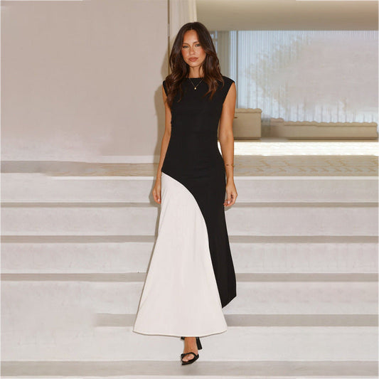 Cross Street round Neck Sleeveless Cinched Patchwork Black White Contrast Color High Waist Dress