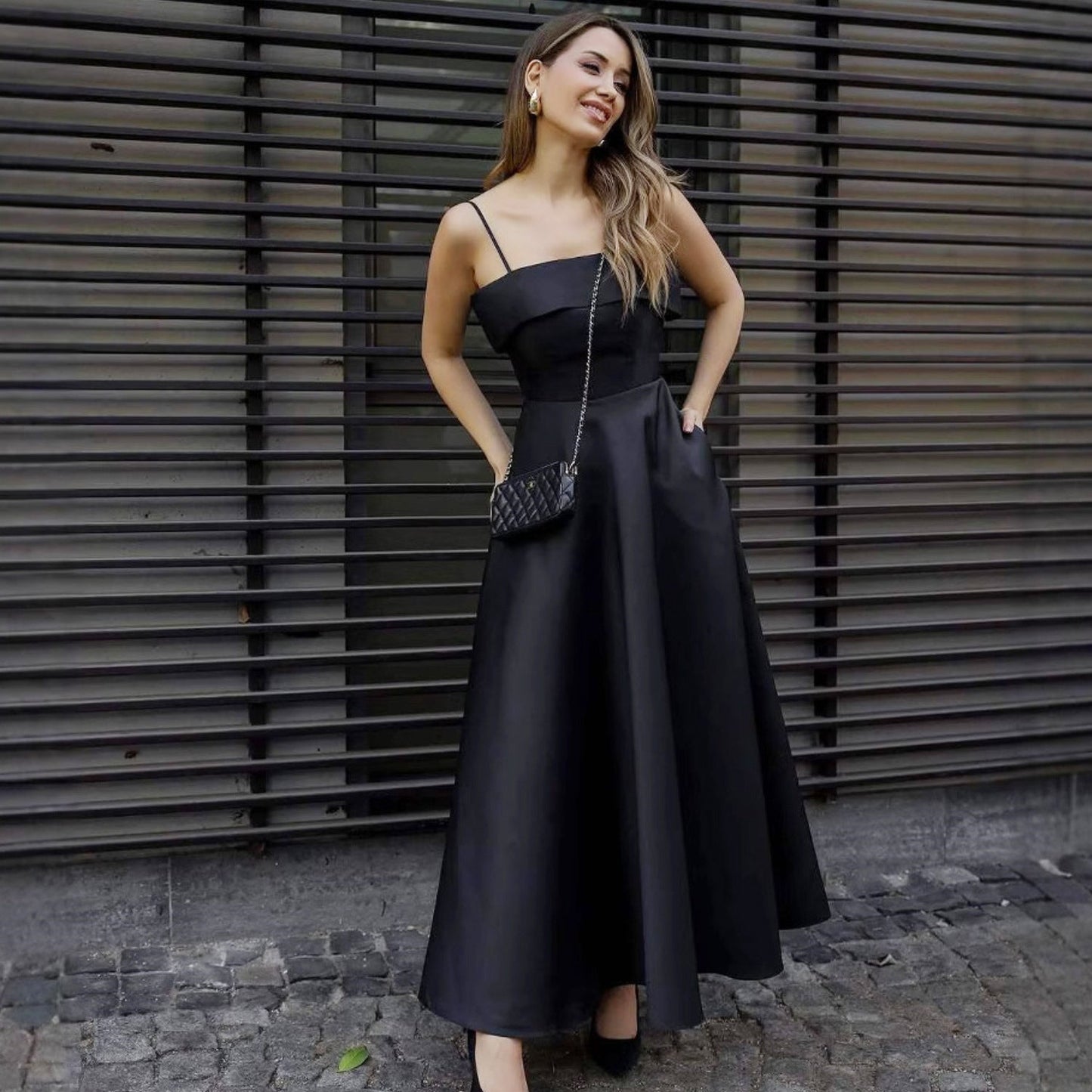 Summer French Retro Elegant Satin Strap Evening Dress