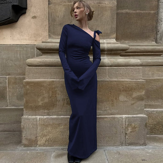 Women Clothing Autumn Sexy off Shoulder Waist Split Long Sleeve Dress Women