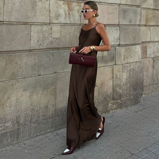 Sexy Long Suspender Dress Women Satin Drape Lace up off Shoulder Sleeveless High Waist Dress