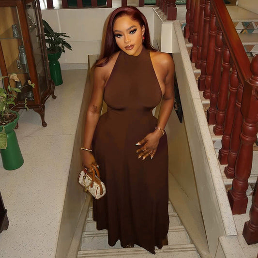 Elegant Women Tight Waist Sexy Slim A line Dress round Neck Sleeveless Solid Color Maxi Dress