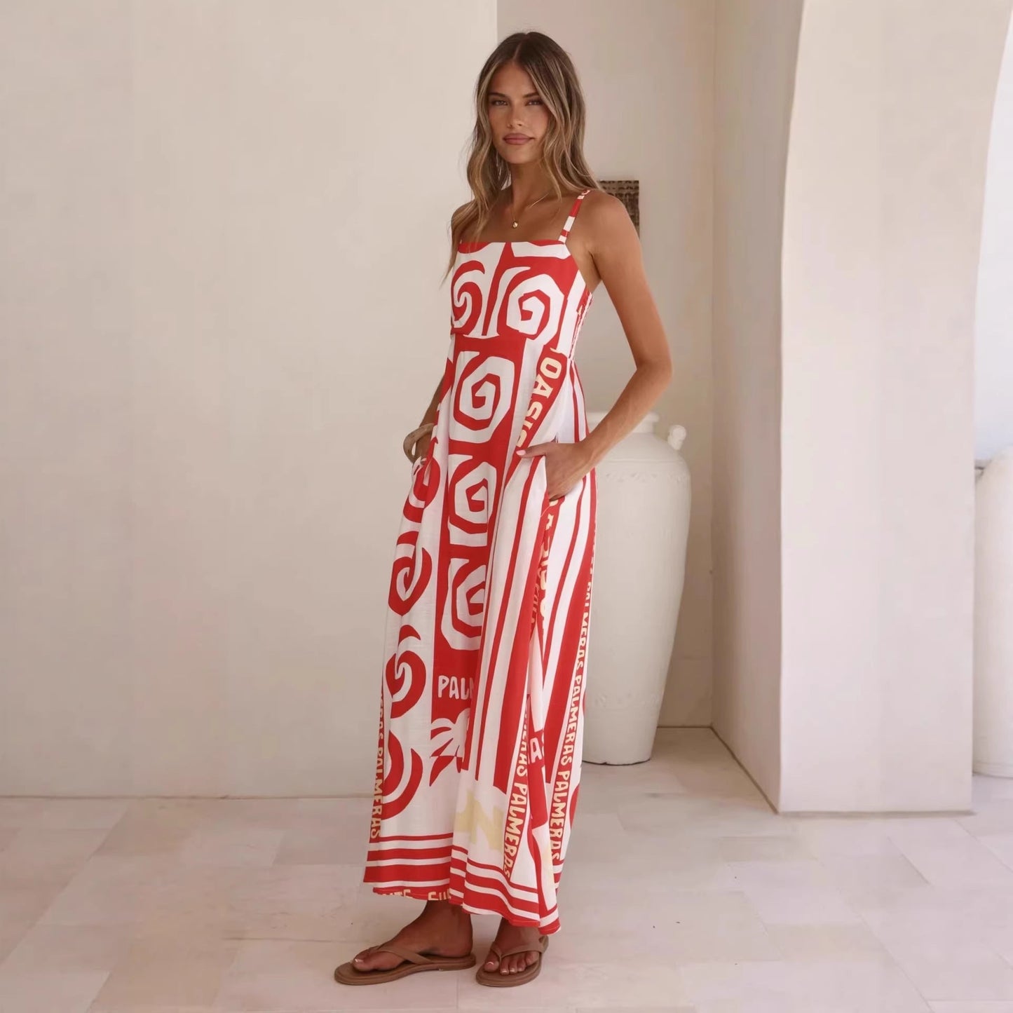 Summer Geometric Abstract Print Vacation Large Swing Cami Dress Women Dress