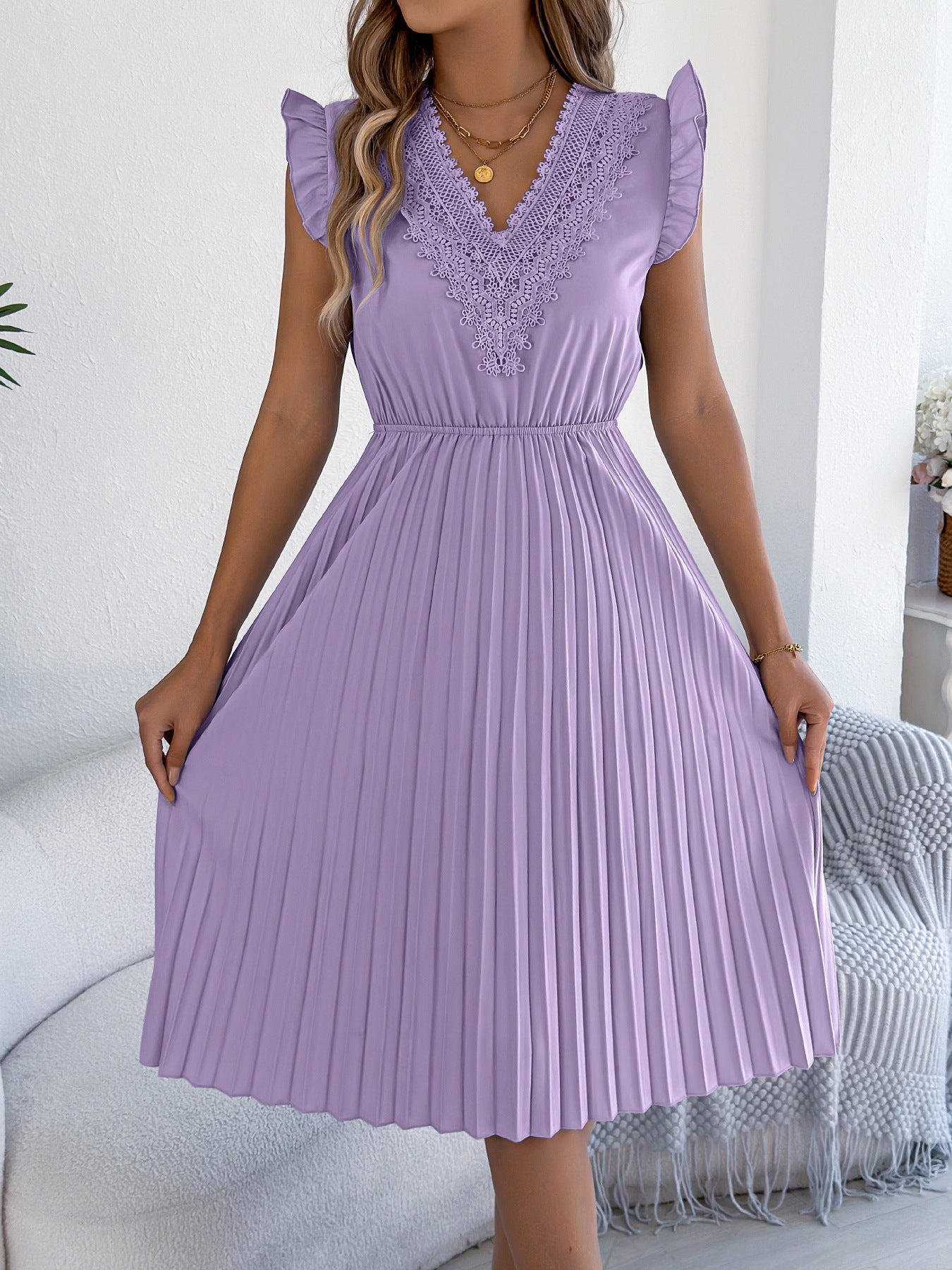 Women Clothing Spring Summer Casual Lace V neck Wooden Ear Cinched Pleated Dress