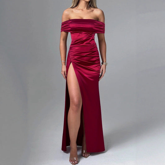 Women Dress Sexy High Split off Neck Slimming Elegant Pleated High Grade Dress