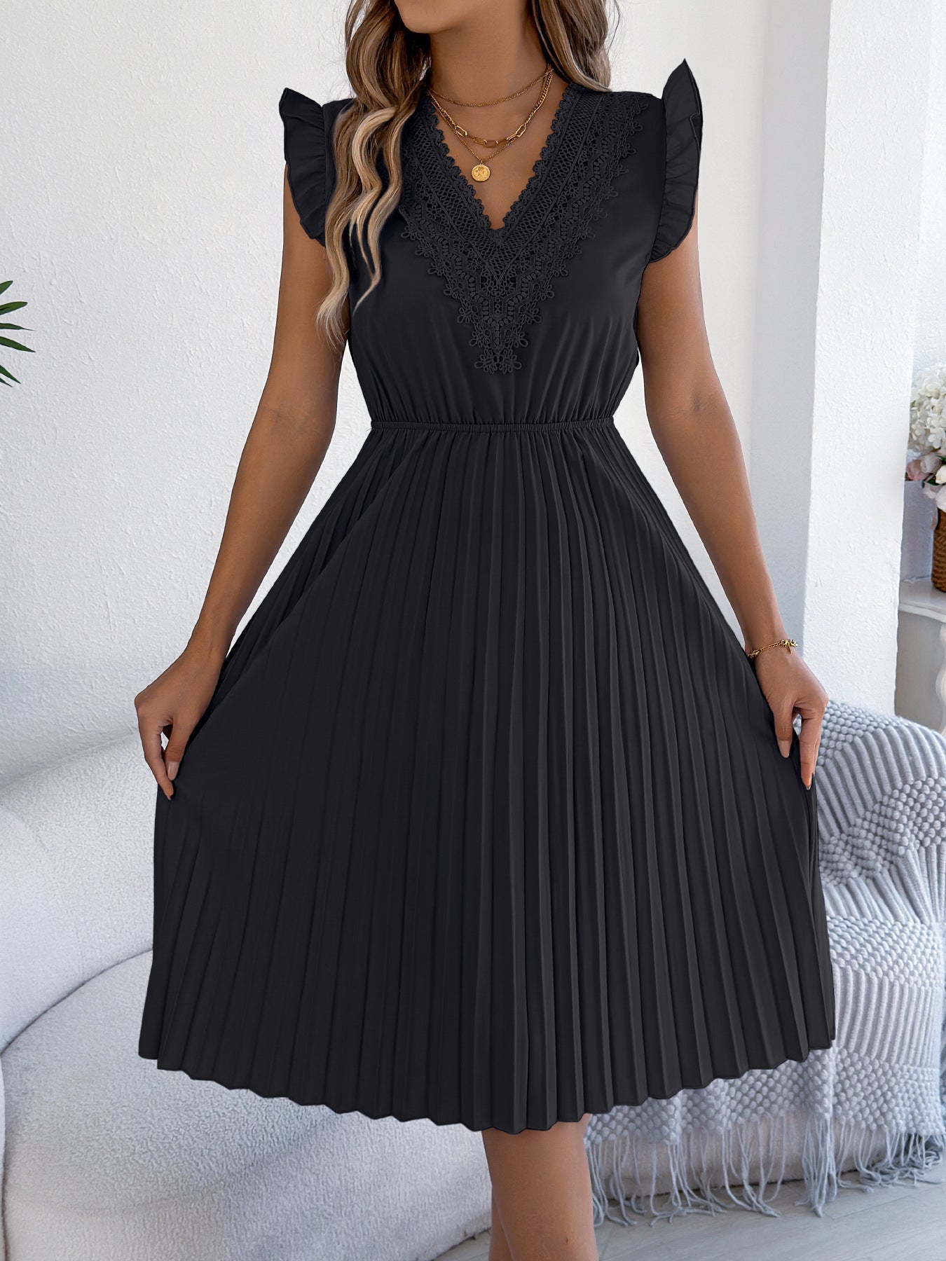 Women Clothing Spring Summer Casual Lace V neck Wooden Ear Cinched Pleated Dress
