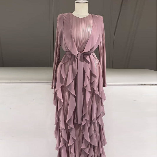 Ruffled Pleated Dress Elegant Women Ribbon Dress