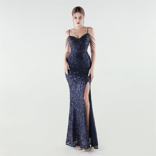 Heavy Industry Sequin Beaded Boning Corset Waist Tight Evening Dress