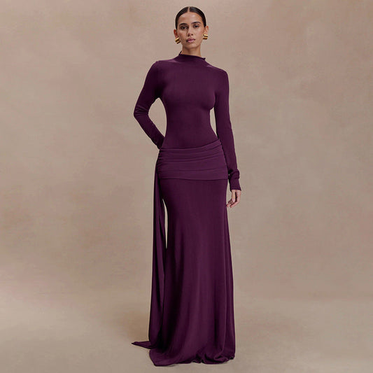 Women Clothing Winter Solid Color High Collar Long Sleeve Pinch Pleated Ribbon Elegant Maxi Dress