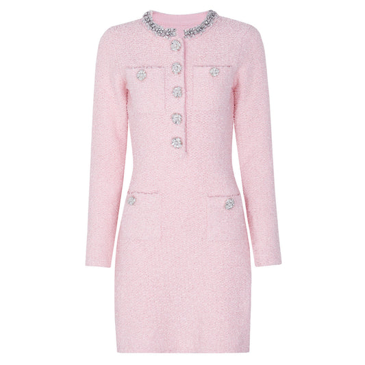 Spring Autumn Classic Knitted Net Red Popular Slim Fit Slimming Rhinestone Dress