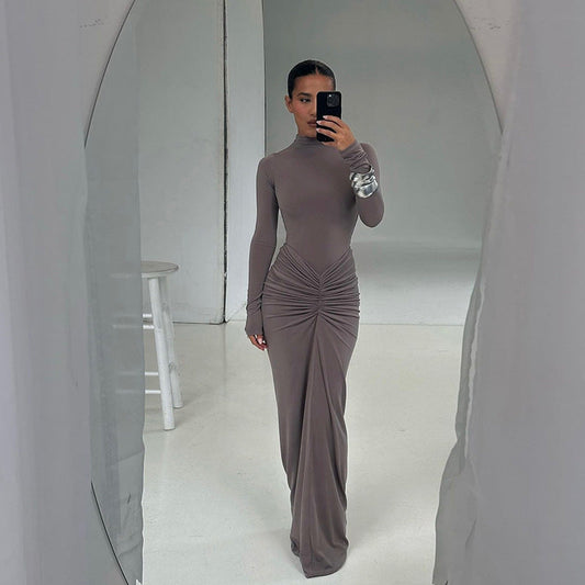 Autumn Winter Sexy Slimming Beam Waist Solid Color Maxi Dress Pleated Dress Women