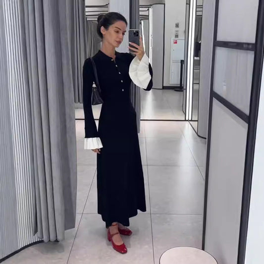 Dehaired Angora Covering Yarn Slimming Patchwork Long Sleeved Knitted Maxi Dress Casual Waist Tight Maxi Dress for Women