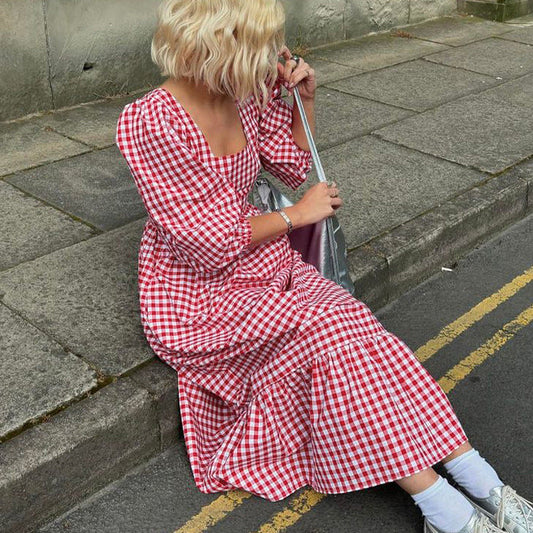 Autumn Red Plaid Square Collar Half Sleeve Lace up French Dress Women Casual Dress