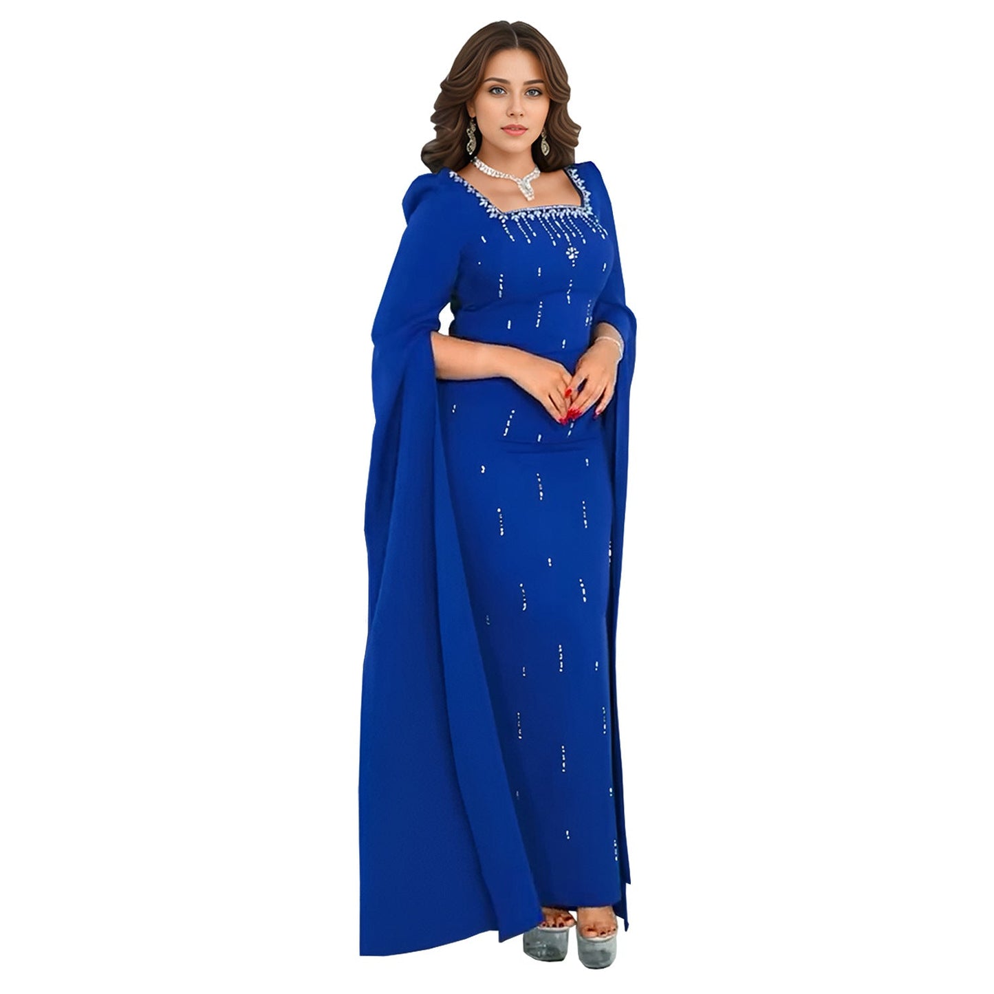 Women Wear Back Slit Cape Sleeve Drilling Elegant Dress