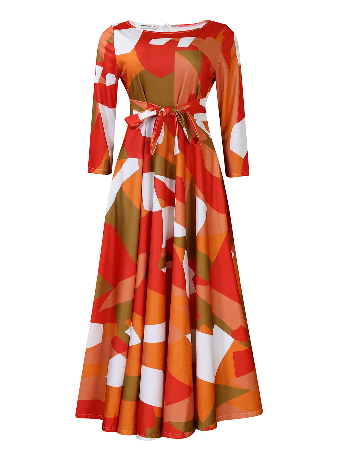 Women Clothing Spring Elegant Graceful Printed Lace up Large Dress