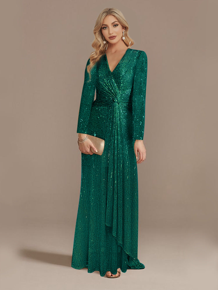 Multi Color Long Sleeve V neck Fishtail Cocktail Evening Dress Women