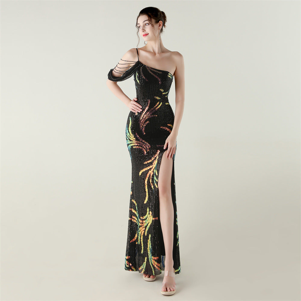 Sequin Mesh Craft Beaded Evening Dress off the Shoulder High Slit Fishtail Dress Swing Cocktail Social Socialite