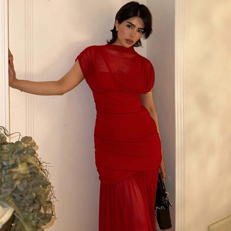 Sexy Socialite Tight Waist Close Fitting Stitching Gauzy Package Hip Maxi Dress for Women