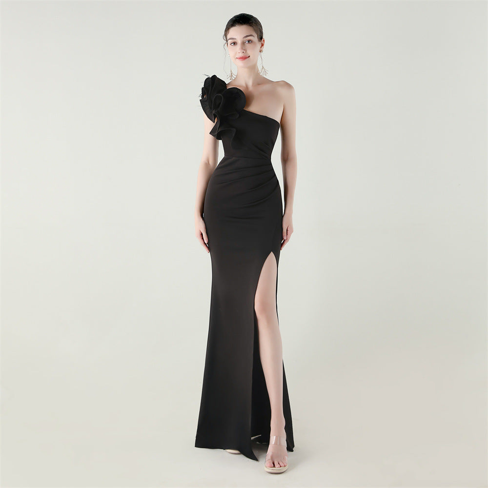 One Shoulder Craft Wave the Craft of Design Gross Satin High Slit Sexy Evening Dress Dinner Party Wedding Social Networking