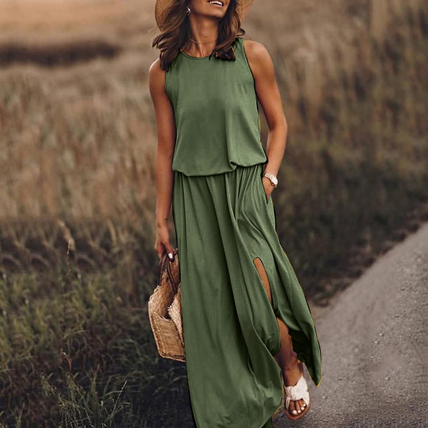 Spring Summer Women Clothing round Neck Sleeveless Dress Split Solid Color Casual Office Dress