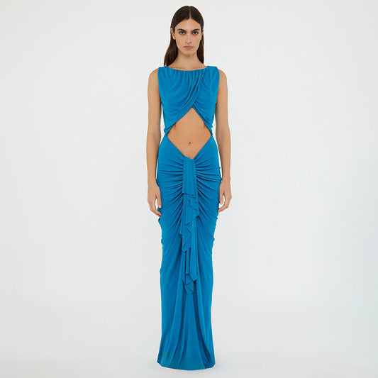 Elegant Stitching Sexy Dress Blue Hollow Out Cutout High Waist Slim Fit Dress Women