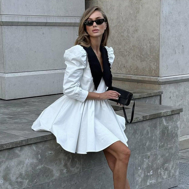 Spring Autumn French Black White Contrast Color Doll Collar Short Dress Women Elegant Pleated A line Dress