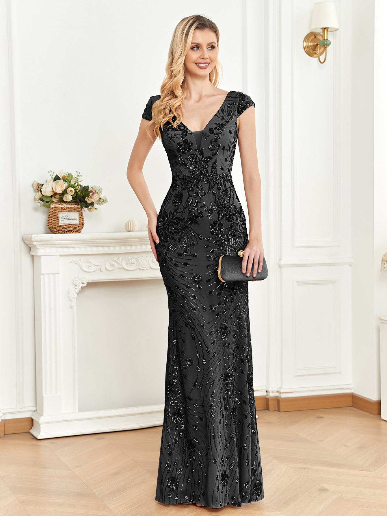 Sequined Champagne Evening Dress Women Cocktail Sexy Slim Fit Fishtail Long Toast Dress
