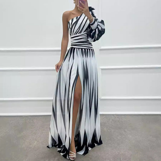 Spring Autumn Printed Diagonal Shoulder Split Dress Casual Loose Party Dress Dress