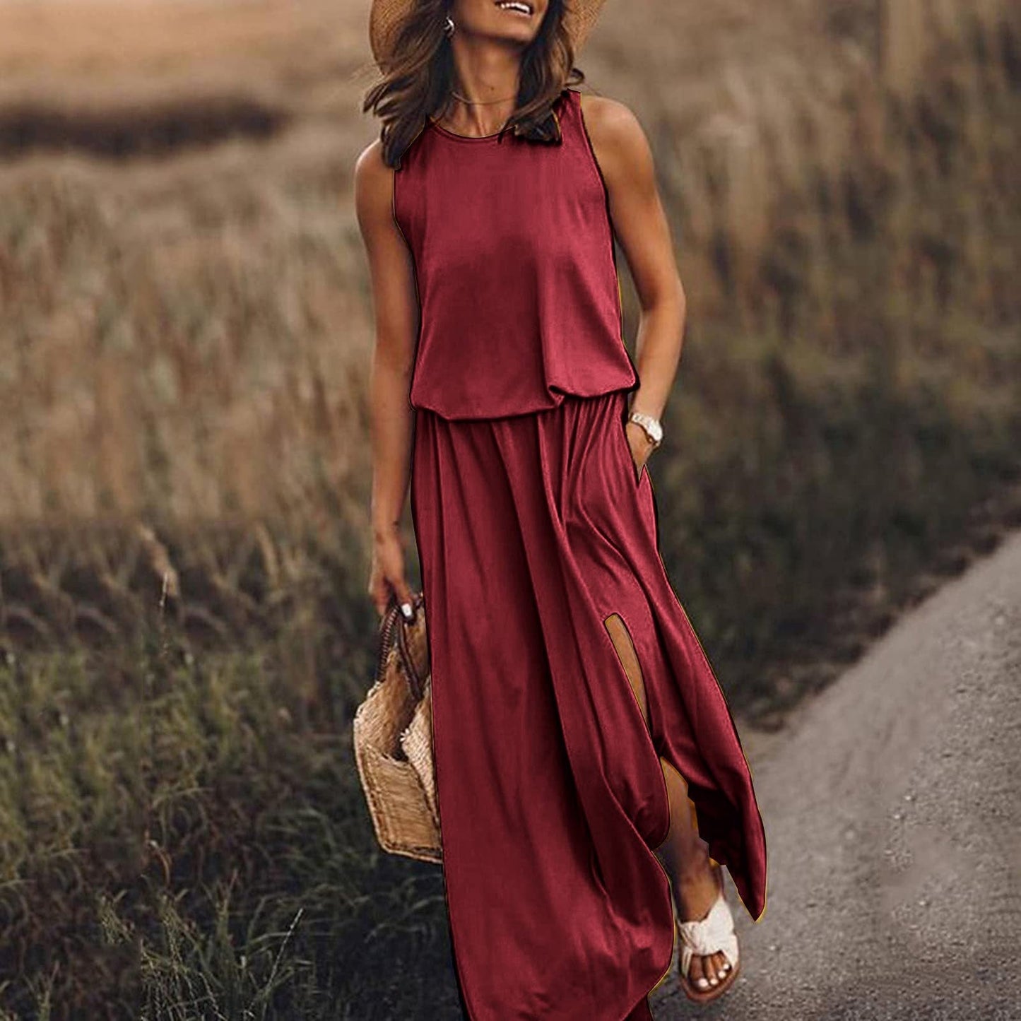 Spring Summer Women Clothing round Neck Sleeveless Dress Split Solid Color Casual Office Dress
