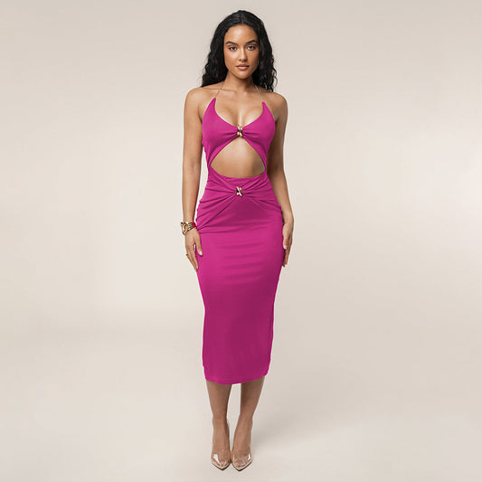 Summer Halter Cut out Dress Sexy Slim Solid Color Deep V Plunge Dress