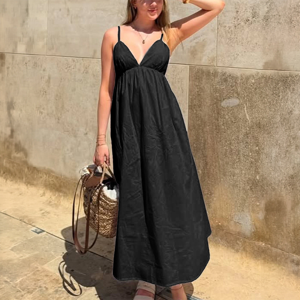 Women Clothing Summer Casual Vacation Sling Deep V Plunge High Waist Loose Dress