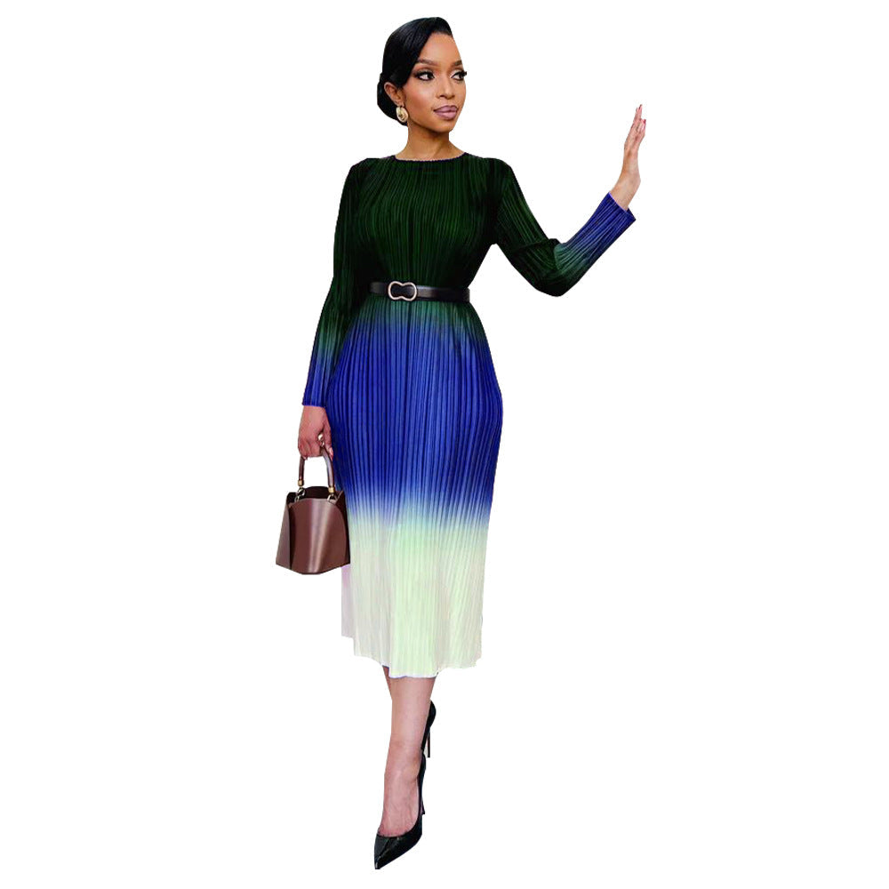Women Clothing Gradient Positioning Printing Long Sleeve Pleated Dress