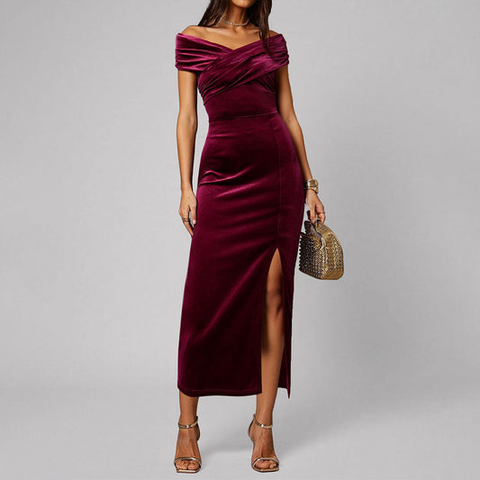 Gold Velvet Slim Fit Sheath Dress Women Cross V neck off Neck off the Shoulder Split Maxi Dress