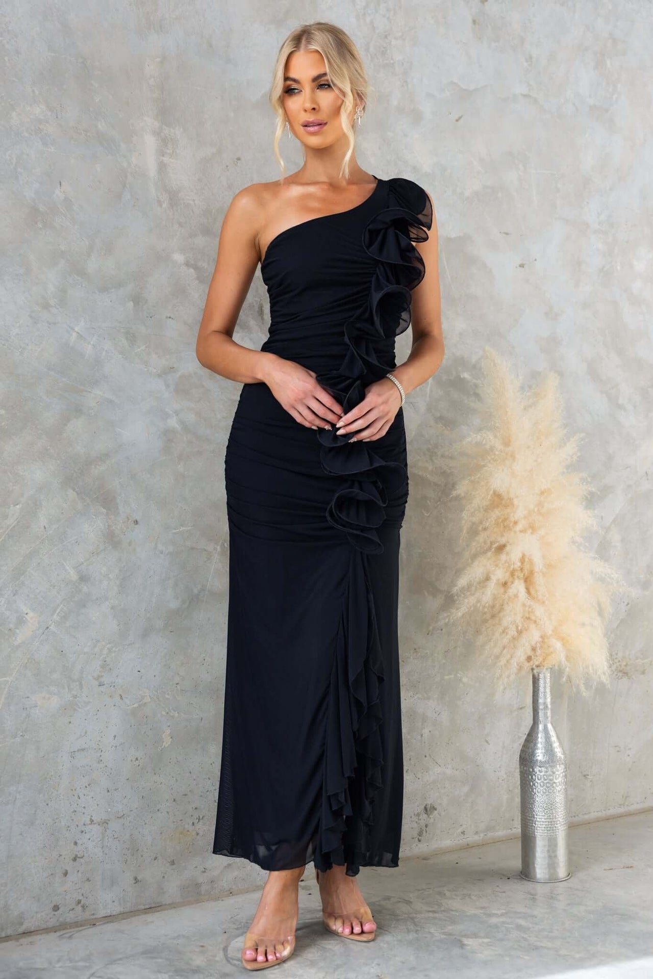 Summer Slant Shoulder Sexy Pleated High Slit Slim Fit Dress