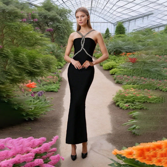 Cocktail Socialite Maxi Dress Summer Diamond Halter Sexy Slim Hip Dress Women